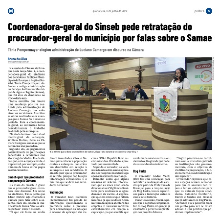 Presidente do SINSEB defende SAMAE e é destaque no Jornal O Município