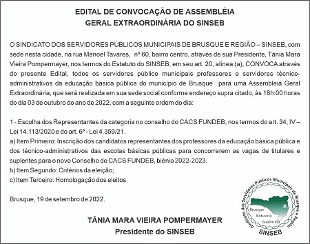 Edital de convocação de Assembleia Geral Extraordinária do SINSEB está disponível no Jornal "O Município".