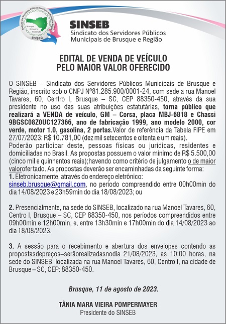 Edital de venda de veículo pelo maior valor oferecido - Corsa, ano modelo 2000