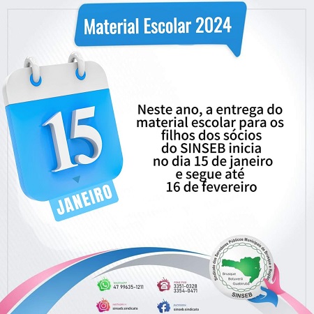 SINSEB informa que neste ano a entrega do material escolar para os filhos dos sócios do Sindicato inicia no dia 15 de Janeiro e segue até dia 16 de fe