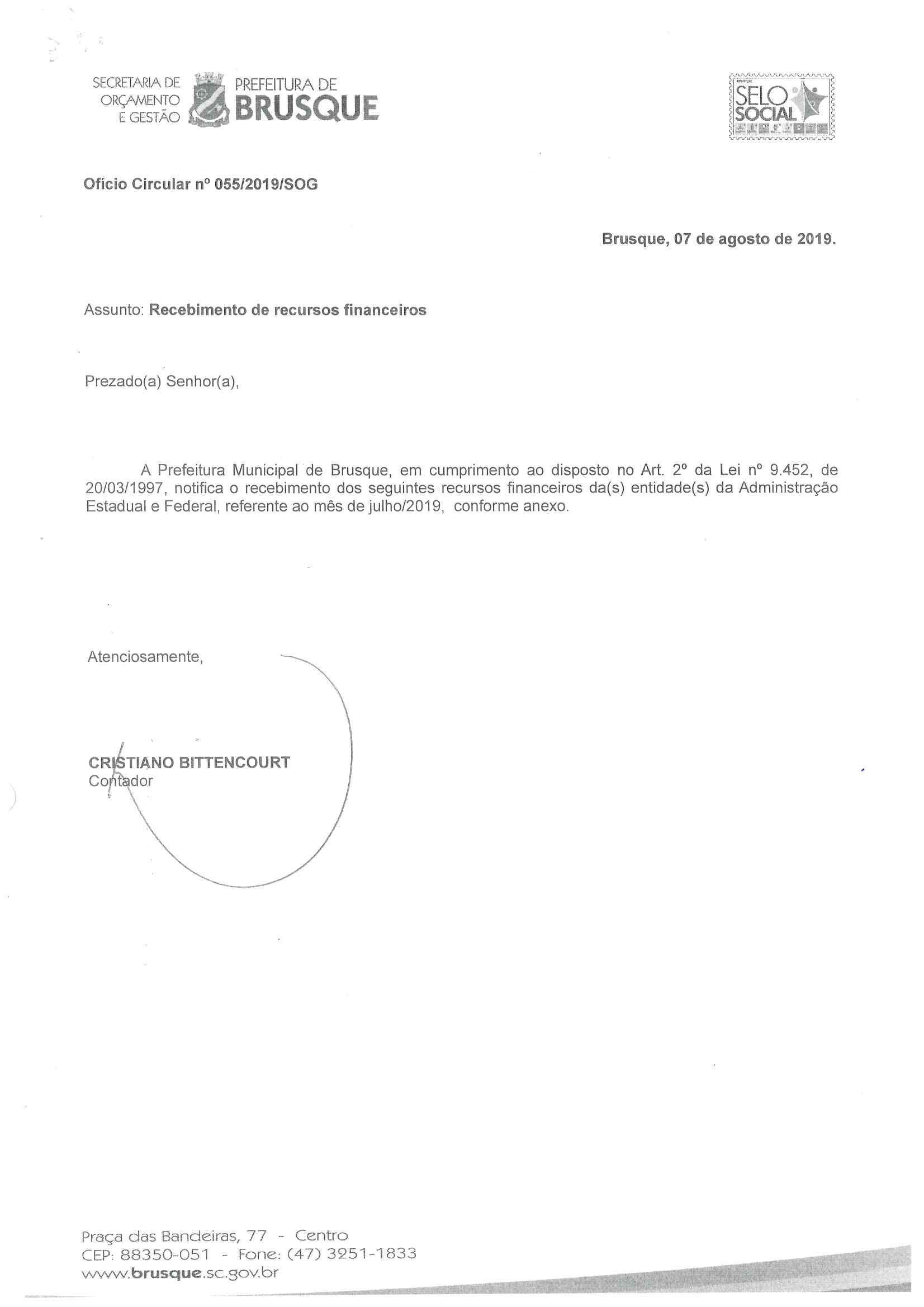 SINSEB acusa recebimento de Ofício Circular nº055/2019SOG  Notificação expedida pela Prefeitura Municipal de Brusque, referente ao recebimento de recu