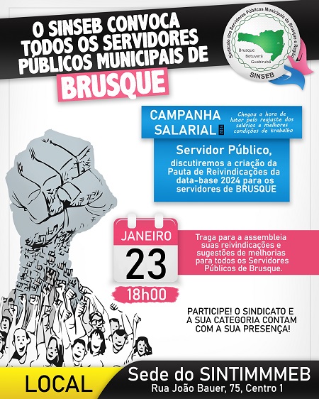 A Assembleia Geral Ordinária de Data-base de Brusque 2024 ocorrerá dia 23 de janeiro, às 18h00 na sede do SINTIMMEB.