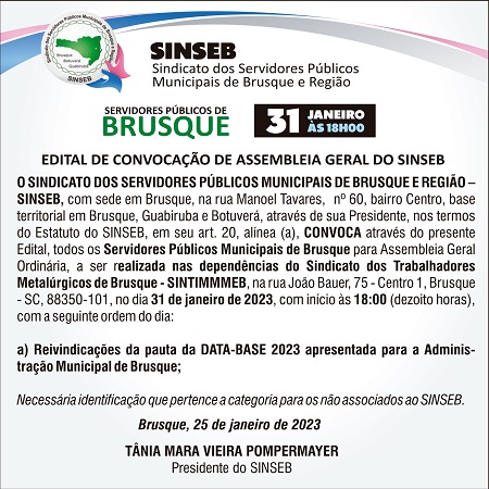 Edital de convocação de Assembleia Geral do SINSEB - Brusque