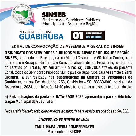 Edital de convocação de Assembleia Geral do SINSEB - Guabiruba