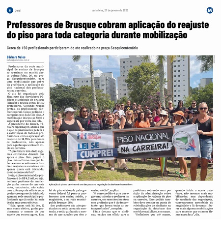 Sindicato é destaque no jornal O Município após Mobilização pelo Piso da Educação, ocorrida no dia 26/01/2023.