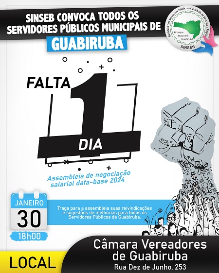 A Assembleia Geral Ordinária de Data-base de Guabiruba 2024 ocorrerá dia 30 de janeiro, às 18h00 na Câmara de Vereadores de Guabiruba.