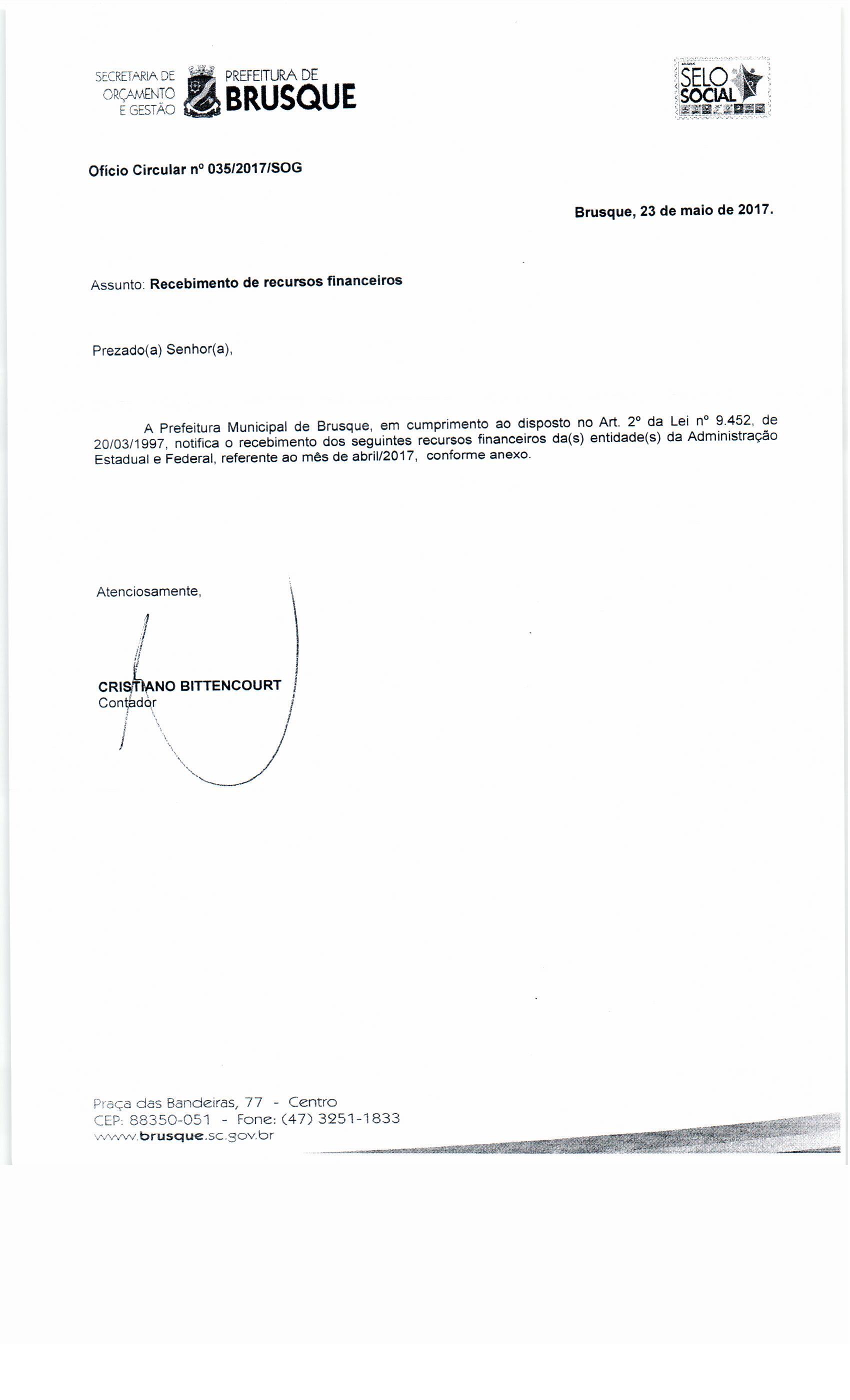 SINDICATO RECEBE OFÍCIO DA PREFEITURA DE BRUSQUE SOBRE O REPASSE DE RECURSOS FINANCEIROS DA ADMINISTRAÇÃO ESTADUAL E FEDERAL