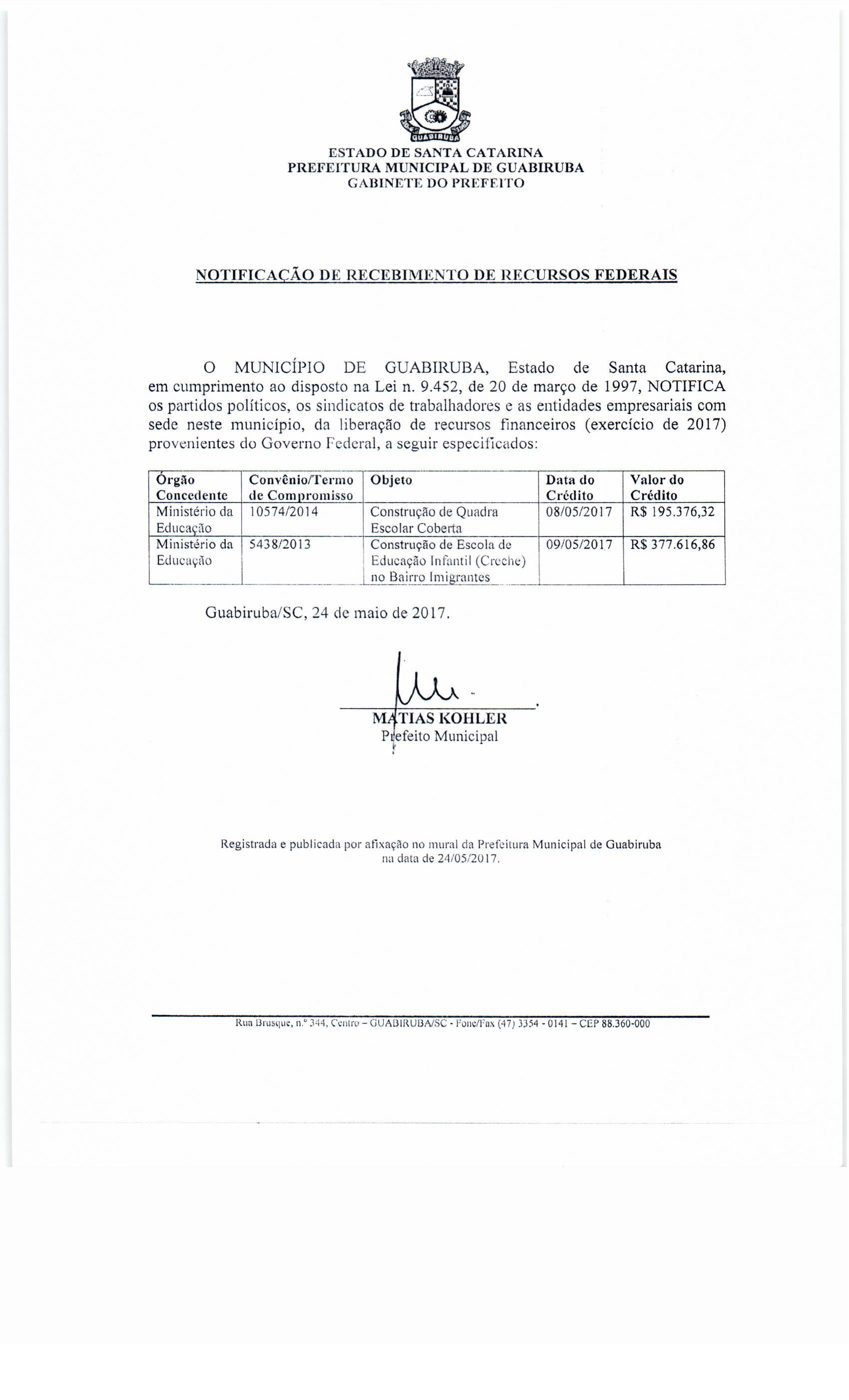 SINDICATO RECEBE OFÍCIO DA PREFEITURA DE GUABIRUBA SOBRE O REPASSE DE RECURSOS FINANCEIROS DO GOVERNO FEDERAL